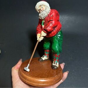 Russ Santa Golfer Figurine. Resin on wood stand. Vintage holiday decor